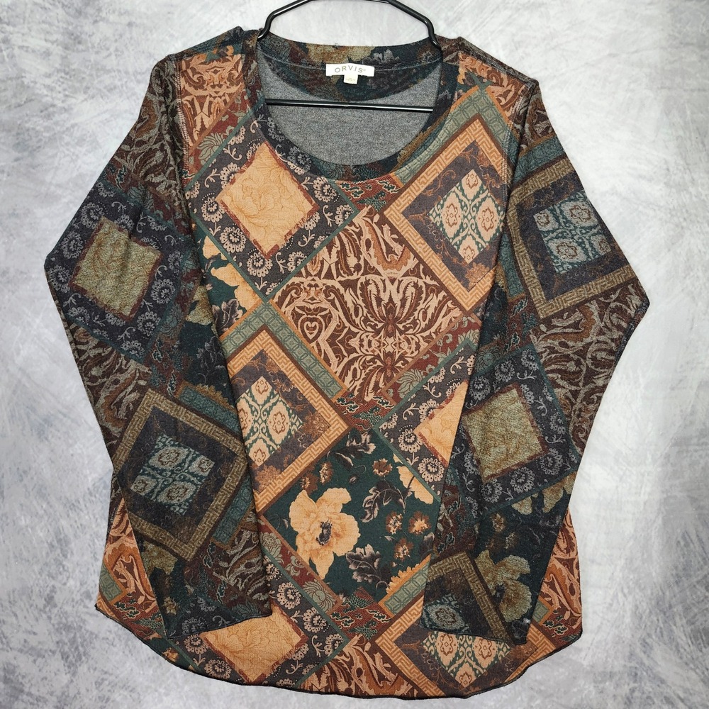 Orvis Tapestry Floral Patchwork Stretch Tunic Top Womens XL Boho Earthy USA